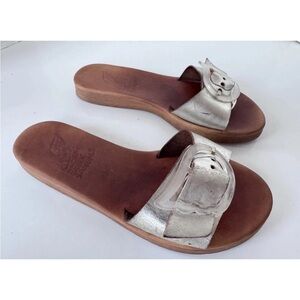Ancient Greek Sandals Silver Leather Aglaia Slides Size 37
